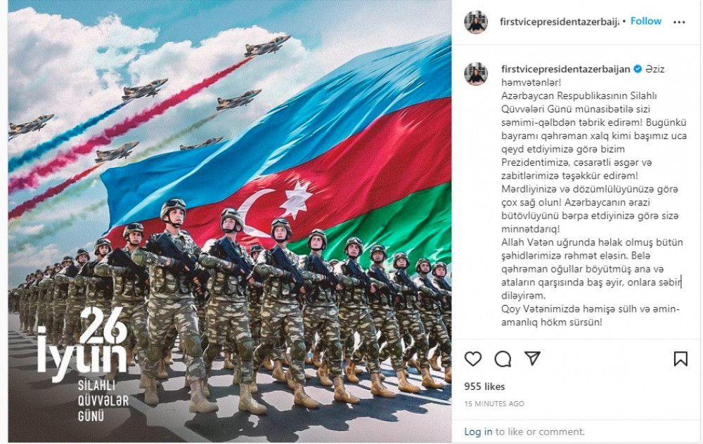 Birinci vitse-prezident Mehriban Əliyeva Silahlı Qüvvələr Günü münasibətilə paylaşım edib