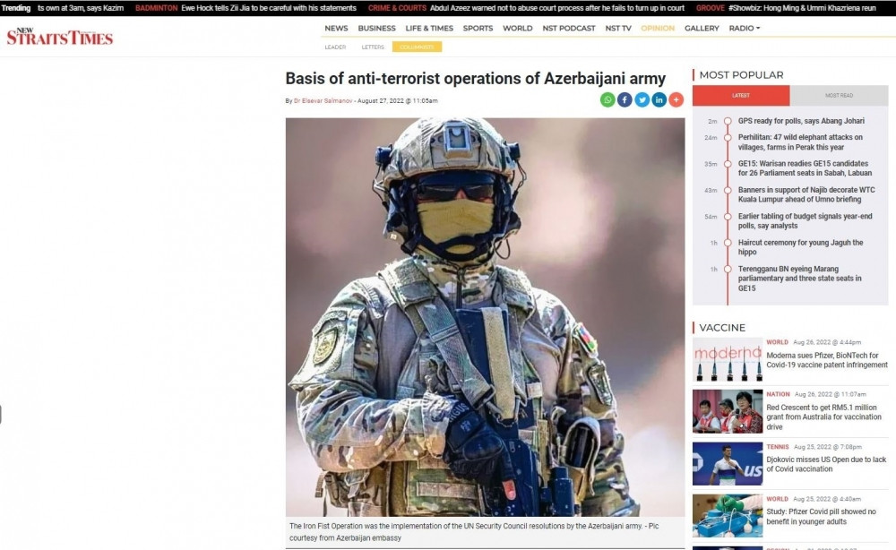 Malayziyanın nüfuzlu portalı Azərbaycanın antiterror əməliyyatları barədə məqalə yayıb