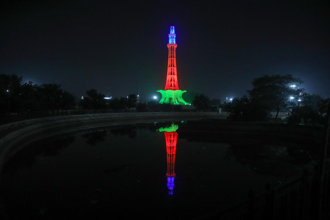 Famous tower of Pakistan illuminated with colors of Azerbaijani flag