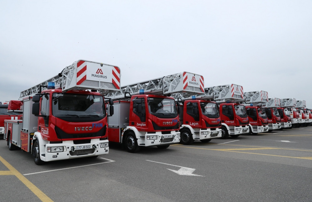 President Ilham Aliyev views newly purchased special-purpose equipment and ambulance cars