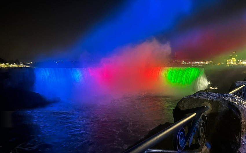 Niagara Falls lit up with colors of Azerbaijani Flag