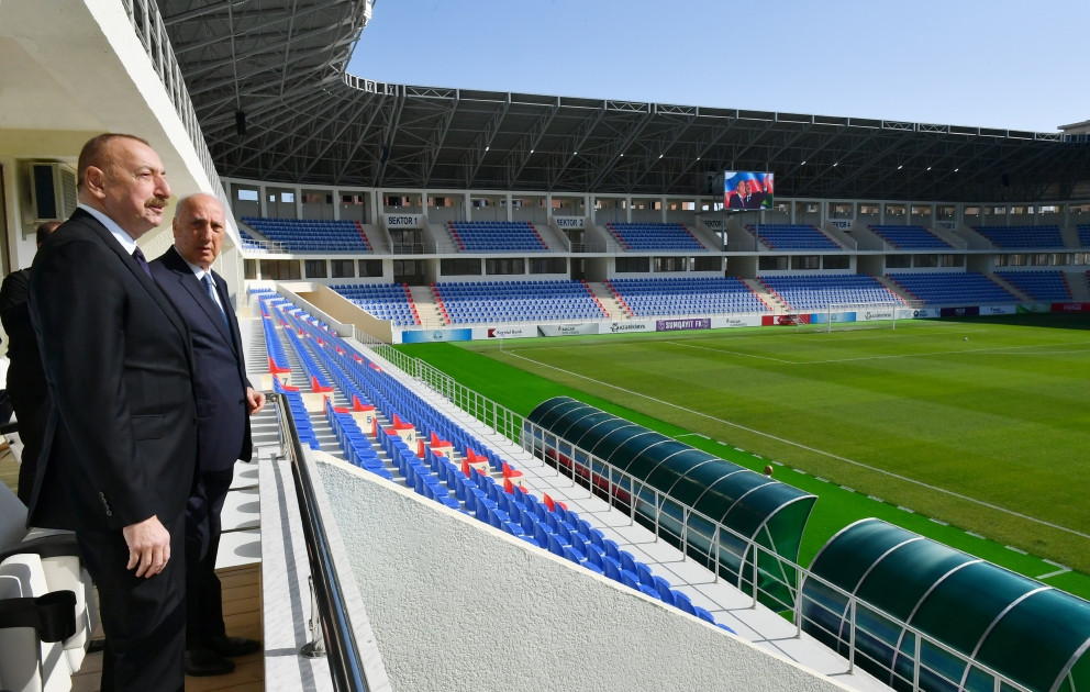 President Ilham Aliyev views conditions created at rebuilt Sumgayit city stadium