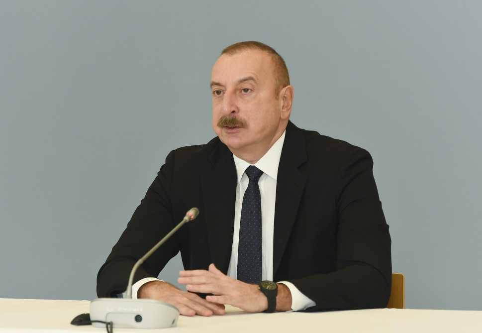 President Ilham Aliyev addresses participants of Rebuild Karabakh exhibition