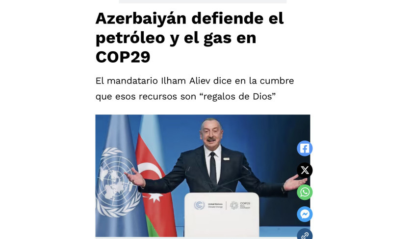 Azərbaycan Prezidentinin COP29 zamanı çıxışı Meksika mətbuatında işıqlandırılıb