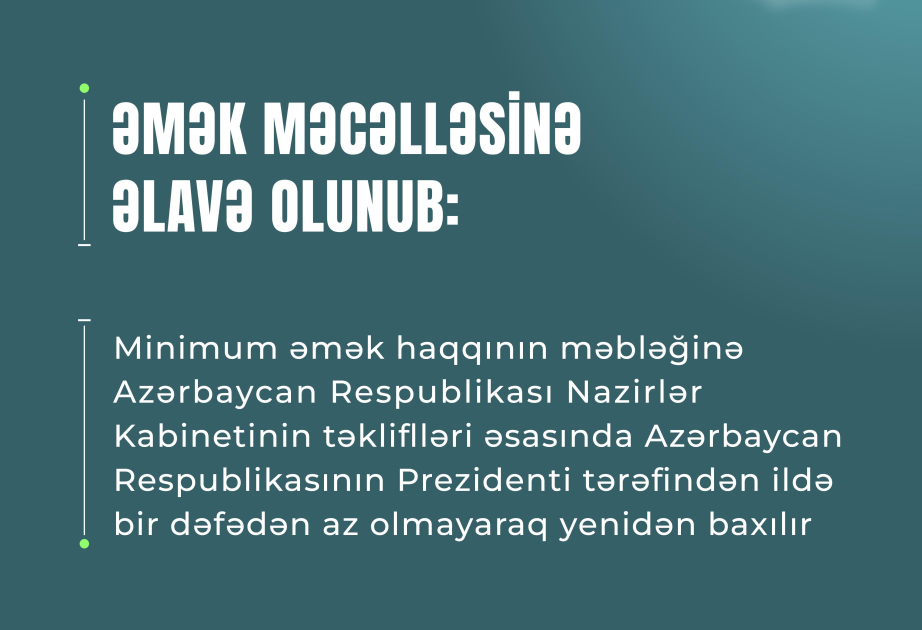 Əmək Məcəlləsinə minimum əməkhaqqı məbləğinə hər il azı bir dəfə yenidən baxılmasına dair əlavə edilib