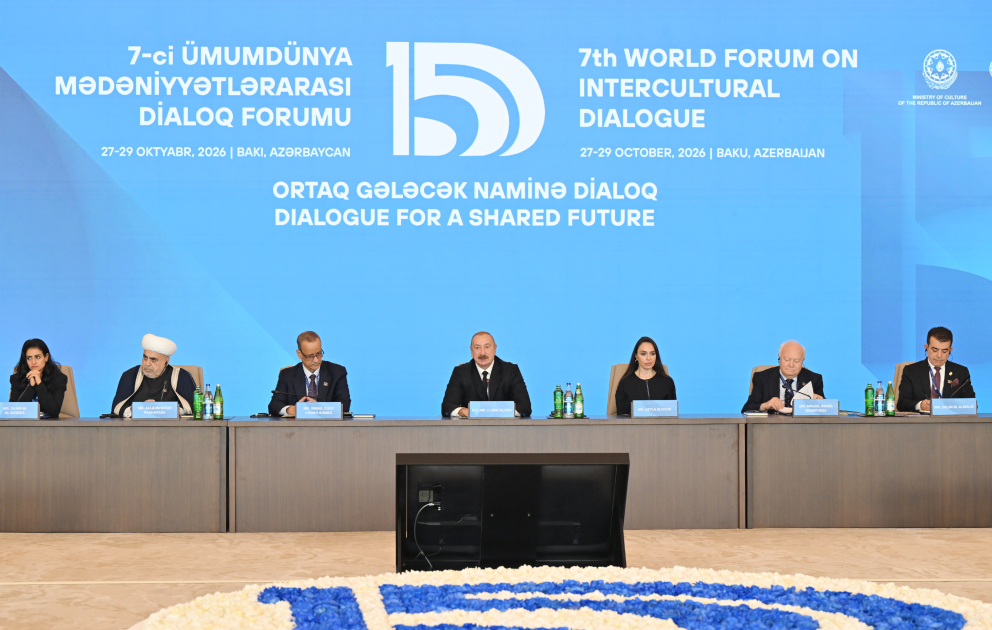 Prezident İlham Əliyev VII Ümumdünya Mədəniyyətlərarası Dialoq Forumunun açılışında çıxış edir